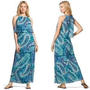 Chicos Teal Blue Paisley Halter Maxi Dress Tiered Popover Size 2 L Large 54311